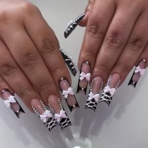 Black Artificial Nail White Bow