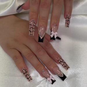 Black French Artificial Nail Pink Bow and Rhinestones