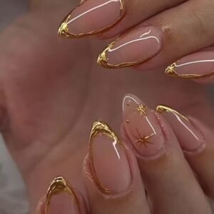 Almond Press On Nails with Gold Line Design