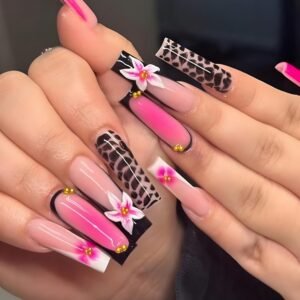 Press on Nails Pink Long Square with Flowers